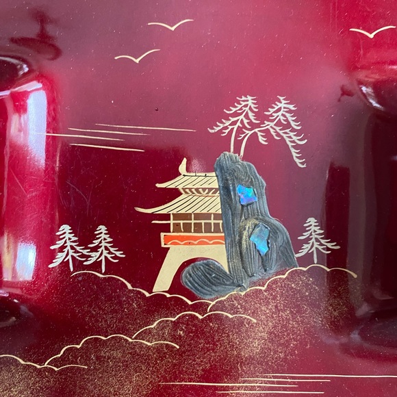 VINTAGE Burgundy & BLACK CERAMIC Oriental ASHTRAY SQUARE MID CENTURY - Picture 6 of 7